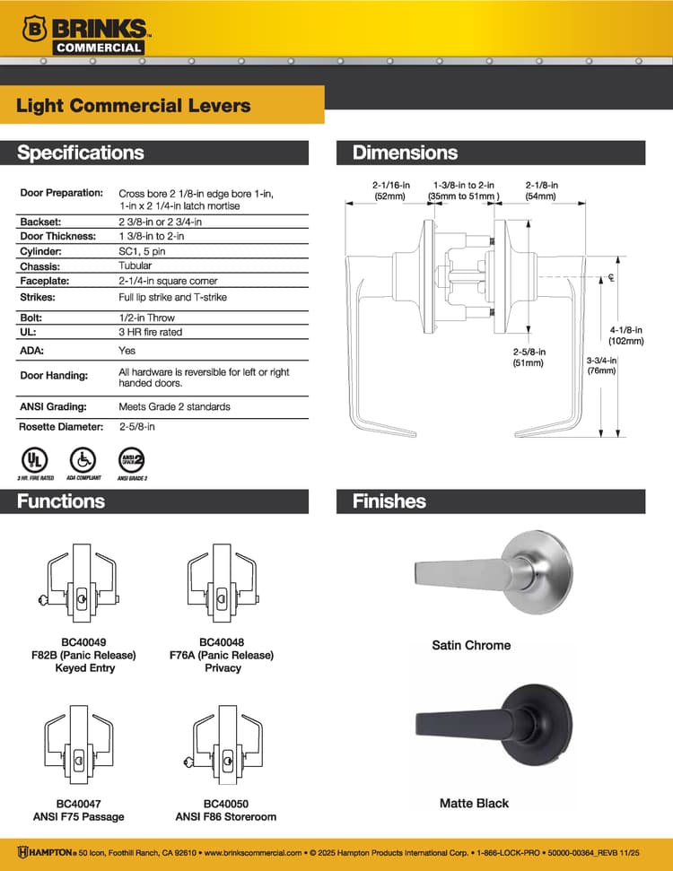 Light Duty Tubular Levers Cut Sheet